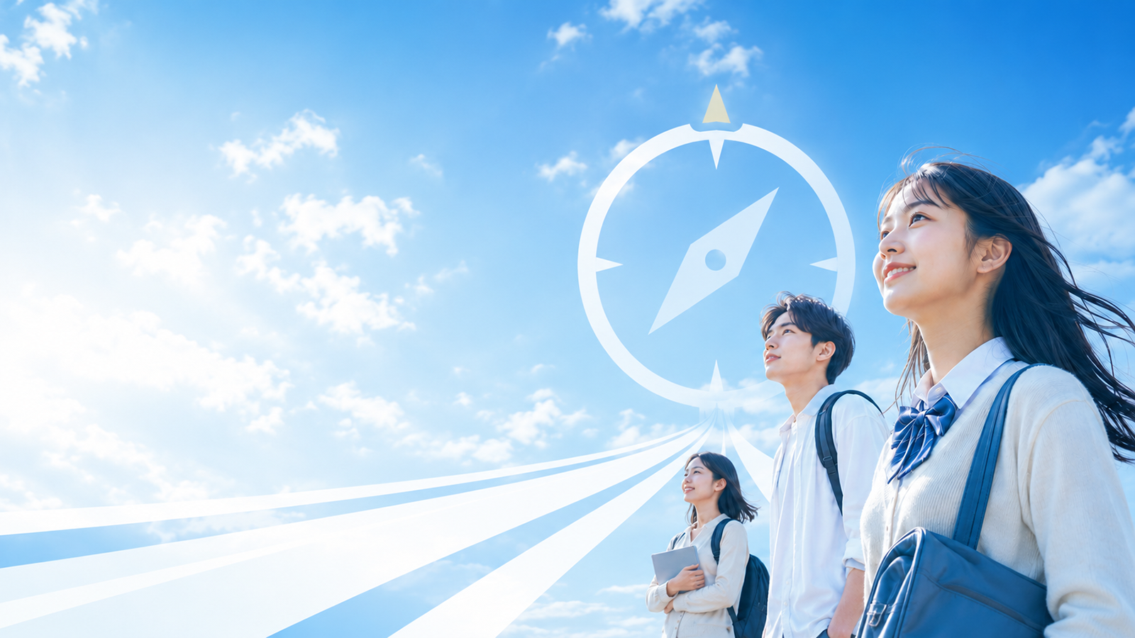 空を見上げる生徒とコンパス